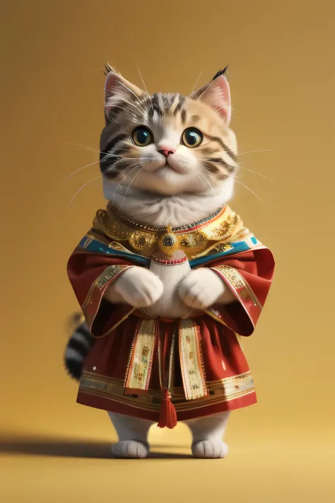 high quality、4k、kitten dressed in colorful ethnic costume、standing、smiling