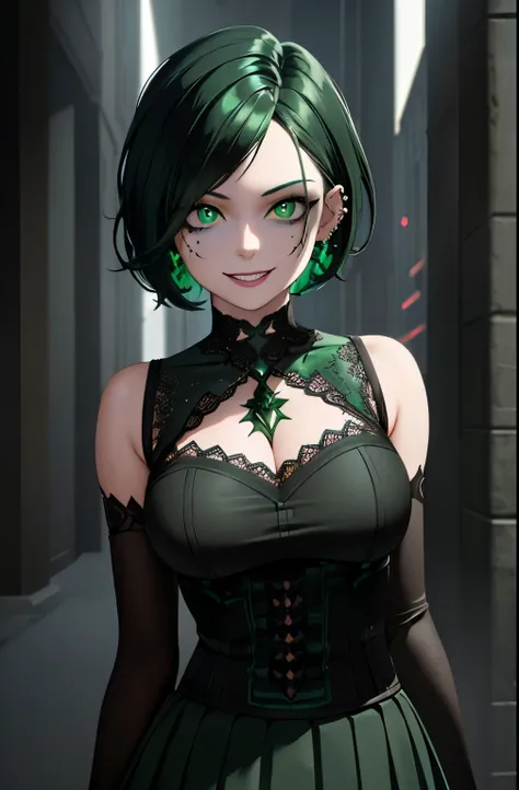 A beautiful girl with short green hair, dark clothes, a wide skirt, electronic style, piercing, eyeliner, smiling, detailed facial features, green eyes, detailed hair, masterpiece, photorealistic, hyperdetailed, cinematic lighting, octane render, sharp foc...