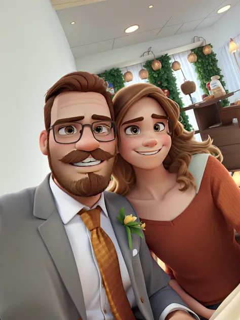 Disney pixar style couple, man with beard and brown hair, woman with blonde hair, high quality, best quality