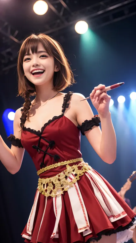 highest quality,masterpiece,Ultra-high resolution,(Actual:1.4),Original photo,Ultra-high resolution，8K，Wearing Nogizaka46 stage costumes，Fancy makeup with red eyeshadow，Big laughing smile，Short cut with delicate brown hair，A live costume of a high school g...