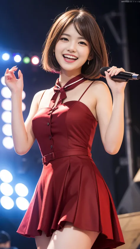 highest quality,masterpiece,Ultra-high resolution,(Actual:1.4),Original photo,Ultra-high resolution，8K，Wearing Nogizaka46 stage costumes，Fancy makeup with red eyeshadow，Big laughing smile，Short cut with delicate brown hair，A live costume of a high school g...