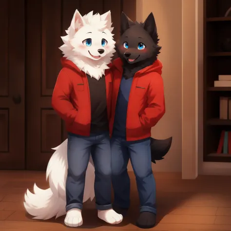 black wolf, Samoyed, 2 boys, Cuteness, blush, happy face, Blue eyes, red jacket, jeans, Barefoot, Standing,