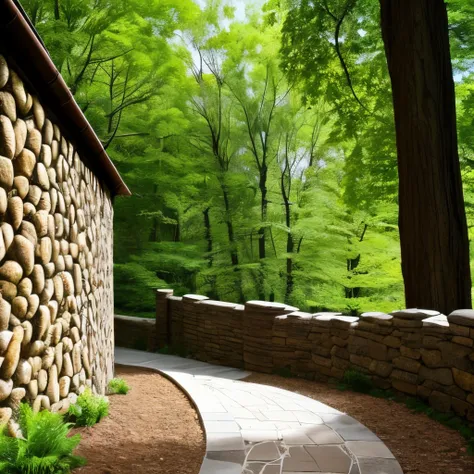 there is a stone wall along a path in the woods, stone walls, stone wall, rock walls, stone walls and pillars, detailed fences and stone walls, old stone wall, stone brick walls, rock wall, bluestone walls, stonework, well contoured smooth fair walls, dark...