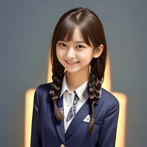 (Highest quality, masterpiece:1.2), Highest quality, High resolution, 1080P, 8k, height: 158cm, Solo, (Alone, A noble, graceful and intelligent kawaii 13yo Japanese pure-clear-white-skin a-pair-of-braid girl is smiling at me with extreme beatitude, express...