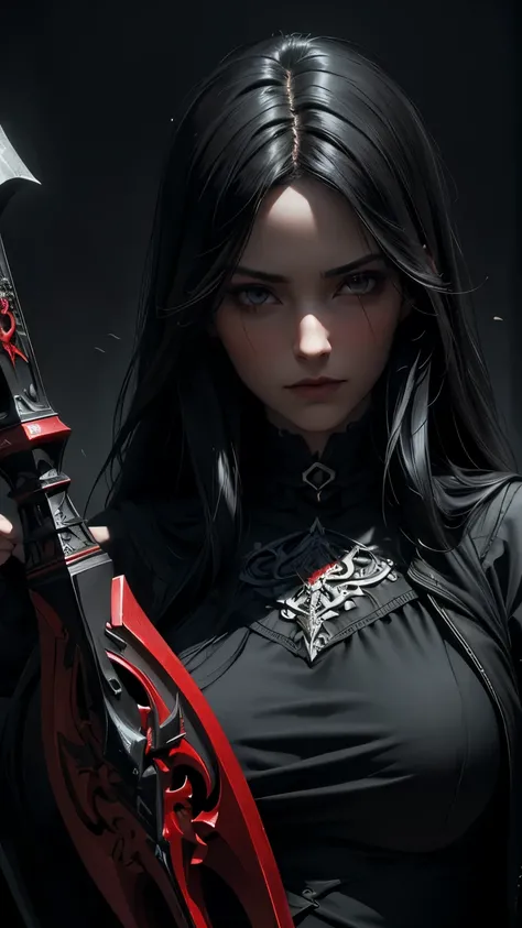 a beautiful woman holding a scythe,it is death,red scythe,death,dressed in black with long hair,beautiful face,dark fantasy,dark art,gothic,chiaroscuro lighting,dramatic lighting,dramatic shadows,moody,cinematic,highly detailed,digital painting,intricate d...