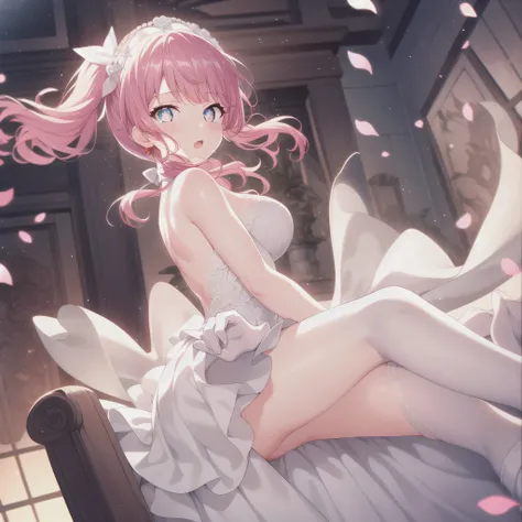 a girl，Long hair, bangs, Pink hair, Hair between the eyes,  (Medium 1.2), Red eyes，Twin ponytails，
rest  锁骨, Wedding Dress，Veil，wedding，Transparent skirt，Flowers，skirt，White socks，White knee socks，White Gloves，boots，Lysis，
Looking at the audience, whole bo...