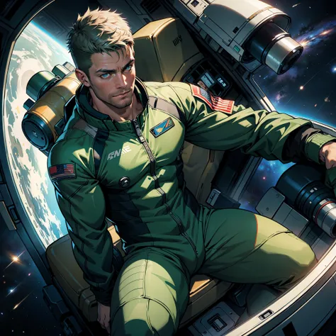 32k,masterpiece, best quality, detailed face, natural eyes,1man, solo mature man, muscled and mature, stephen amell as an astronaut wearing future space suit, dark green suit, showing muscles and bulge ,floating in the space inside a space shuttle , with "...