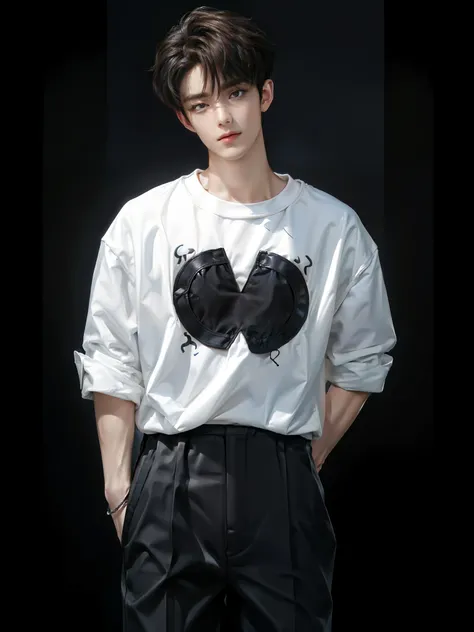 
(4K)) ((very high quality)) ((black background))  Asian guy ((trousers)) Standing straight is a member of the K-pop group, young member of the group. He has soft facial features....., with expressiveness, with dark Asian eyes,. His skin is fair, , which e...