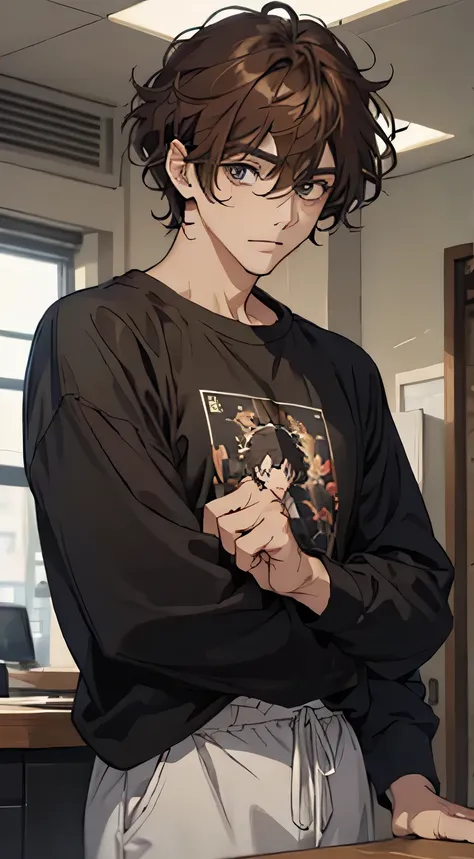 male、Curly brown hair、A loose fitting black long sleeve t-shirt