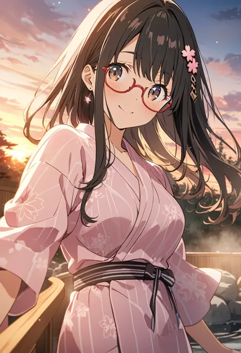 1girl, , brown eyes are shining and cute, black hair, long hair, extremely detailed neat hair,Straight hair, tareme, ((red-rimless eyewear:1.2)), star earrings, medium breasts, smile, blushful,

BREAK
(Light pink yukata:1.3), (sakura pattern:1.2), sakura h...