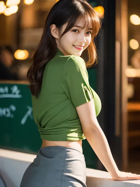 1 girl, (wearing a green blouse:1.2), black short skirt, Beautiful Japanese actress, (RAW photo, highest quality), (realistic, Photoreal:1.4), masterpiece, very delicate and beautiful, very detailed, 2K wallpaper, wonderful, finely, very detailed CG Unity ...