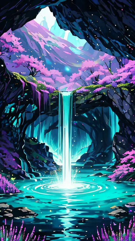 enchanted waterfall cascading through a portal to another dimension, in the style of fantasy dreamscapes, swirling rainbow mist, glowing water with sparkling particles, soft lavender and cyan tones, mystical creatures emerging from the portal, magical ener...