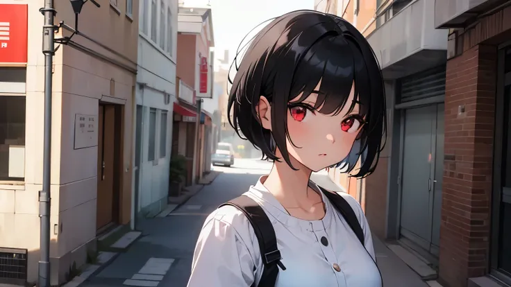 A girl with short black hair and red eyes., walking to university