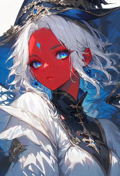 A beautiful female witch like in the Middle Ages with white hair, blue eyes and red skin with black medieval style clothing in frontal angle and a white background