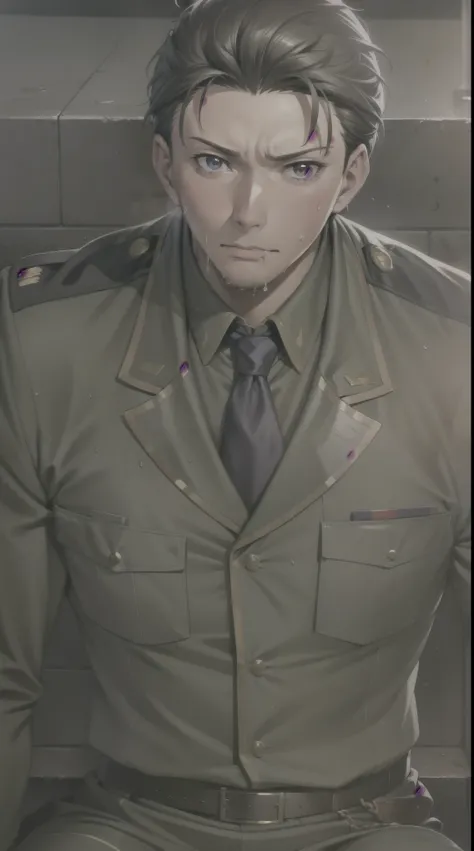 Hector Fay, Ultra high quality cg, Solitary, Looking at the audience, Open your mouth, Sweating, Wet, Drooling, Gloves, 1 man, Upper body, Male focus, tie，shirt， military uniform
