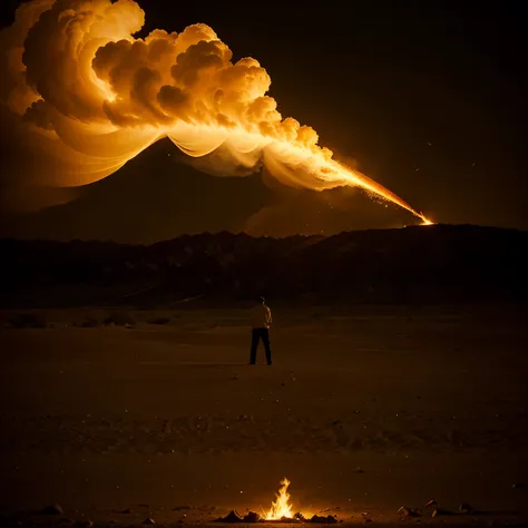 Fire tornado in the desert, a lonely man against his background, soft yellow-orange tones