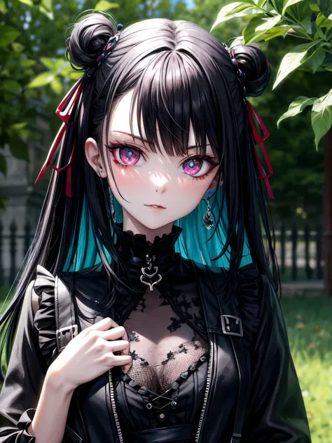 Goth style girl, rebelious character, vibrant colors, strong eye contact, upper body, outdoors