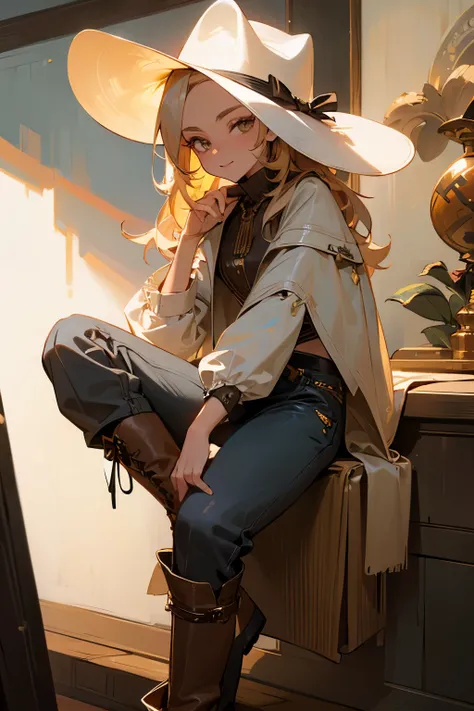 Famous girl, luxury fashion, cowboy hat, cowboy style clothes, light hair looking viewer, wearing pants, sit showing off her boots, boot close up