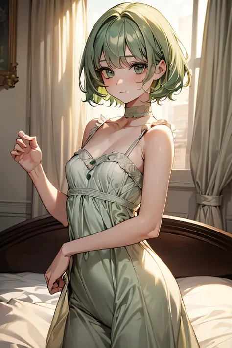 (masterpiece:1.3),(best quality:1.3),(high resolution:1.2),8K,{small breasts},lolita,young,{{{short hair:1.5}}},standard body,,beautiful face,delicate anime,pretty face,((light green hair)),black eye,beautiful eye,cute face,underware,bed room,white underwa...