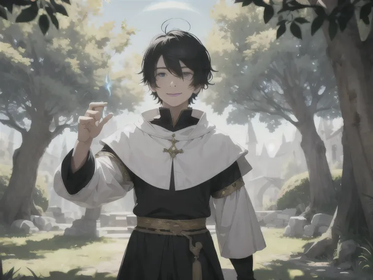 far away shot of A boy with short black hair and blue eyes, wearing a white medieval-style shirt and black shorts, practicing magic at eye level during the day outdoor beside tree. He smiles as glowing magical energy forms between his hands, with sunlight ...