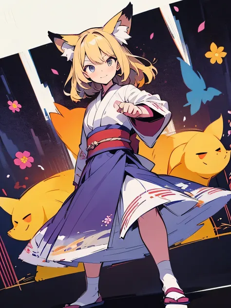 dutch angle,(looking at viewer),solo,(bluntbangs:1.2),cute face,blonde,fox ear,(black purple color japanese flower design kimono),(fighting stance),dainty,elegant,flowers,birds,wind and moon,(kaleidoscope),(manga style),(sketch),(illustration),