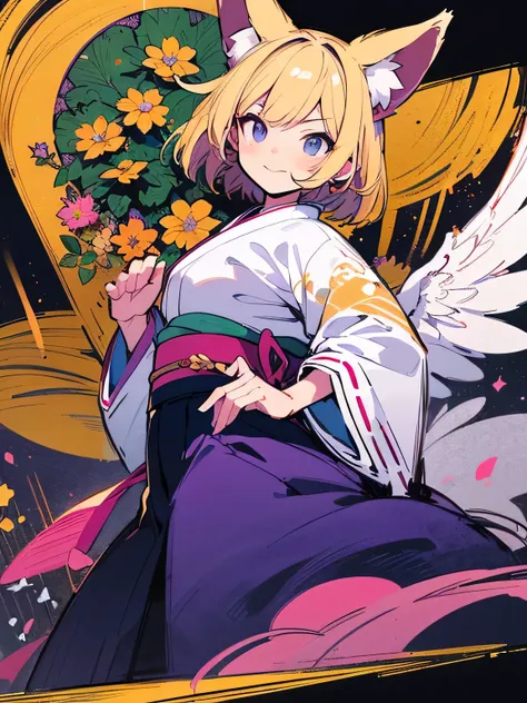 sideview,dutch angle,(looking at viewer),solo,(bluntbangs:1.2),cute face,blonde short hair,fox ear,(black purple color japanese flower design kimono),(fighting stance),dainty,elegant,flowers,birds,wind and moon,(kaleidoscope),(manga style),(sketch),(illust...