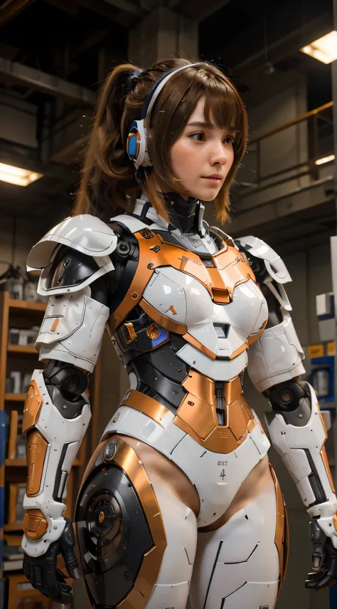 Create a detailed and realistic depiction of a humanoid robot girl complete with intricate white and orange armor., Top shot, The armor is very short., It is placed in front of a complex mechanical background.. The robot should have human-like hair but no ...