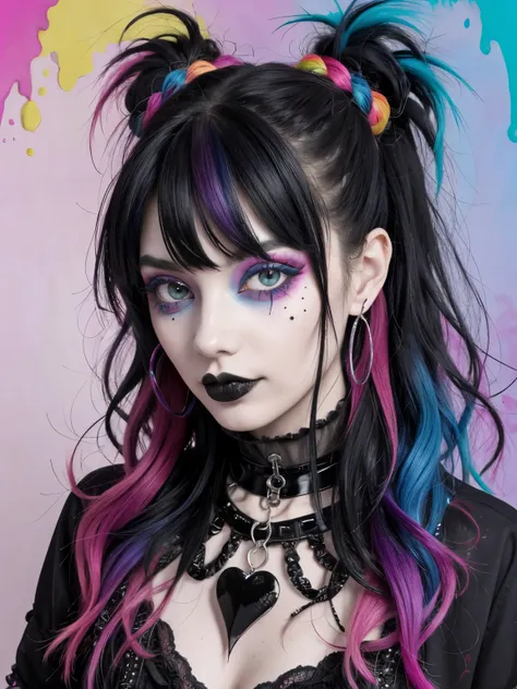 1girl, goth, goth girl, vibrant hair, messy hair, vivid colors, vibrant colors, portrait, colorful background