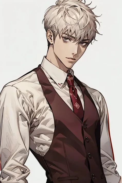 very short hair、male、handsome、good looking、（white background）、wearing a vest over a shirt、akihiko sanada、tie