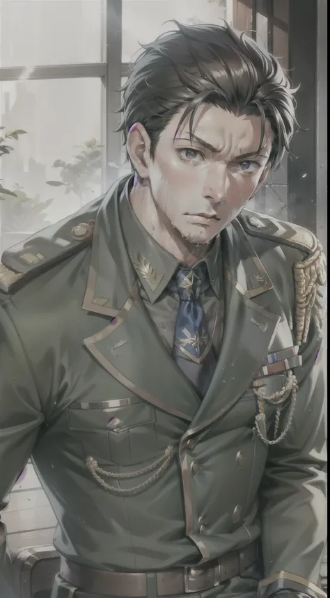 Hector Fay, Ultra high quality cg, Solitary, Looking at the audience, Open your mouth, Sweating, Wet, Drooling, Gloves, 1 man, Upper body, Male focus, tie，shirt， military uniform
