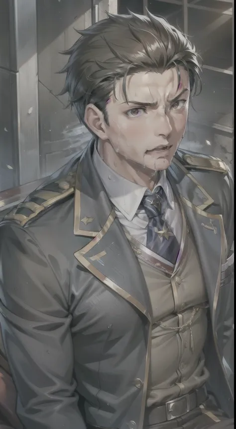 Hector Fay, Ultra high quality cg, Solitary, Looking at the audience, Open your mouth, Sweating, Wet, Drooling, Gloves, 1 man, Upper body, Male focus, tie，shirt， military uniform
