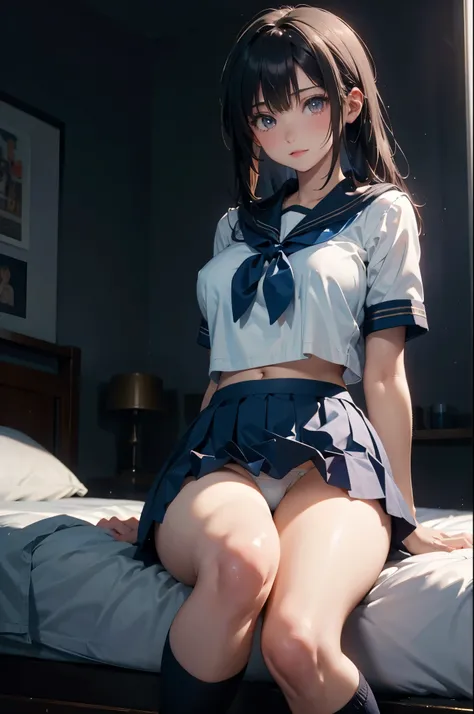 masterpiece, excellent finely detailed, best quality, ultra-detailed, (Solo)+, (1 girl),cute , seductive ,beautiful, arms behind back, (blue school uniform)+,sailor uniform, pleated skirt, (white panties)++, miniskirt, soft thighs, half undress, (fat man i...