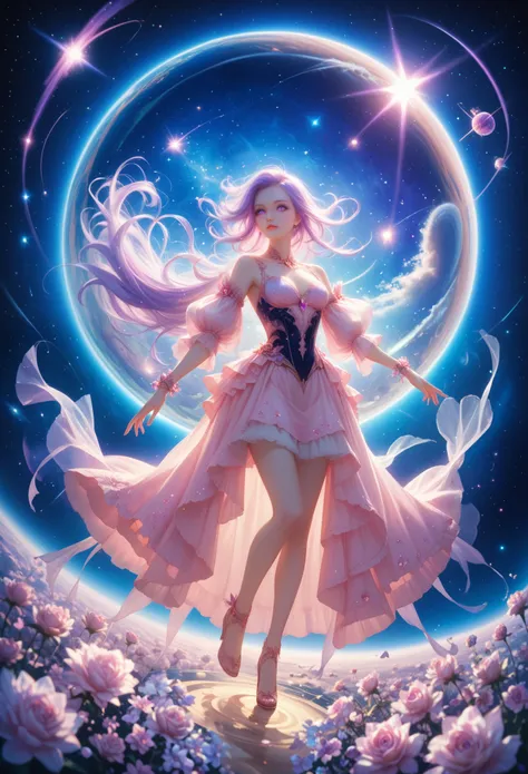((masterpiece,Best quality)),(negative space:1.4),(1 girl, One:1.4),beautiful detailed eyes, floating hair pastel pink and lavender, Lavender eyes, at night, starry sky, the stars are shining, full length, A game of shadows, Excellent World, Fantasy, Mysti...