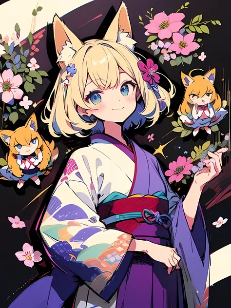 dutch angle,(looking at viewer),solo,(bluntbangs:1.2),cute face,blonde short hair,fox ear,(black purple color japanese flower design kimono),(ランダムなmodel pose),dainty,elegant,flowers,birds,wind and moon,(kaleidoscope),(manga style),(sketch),(illustration),