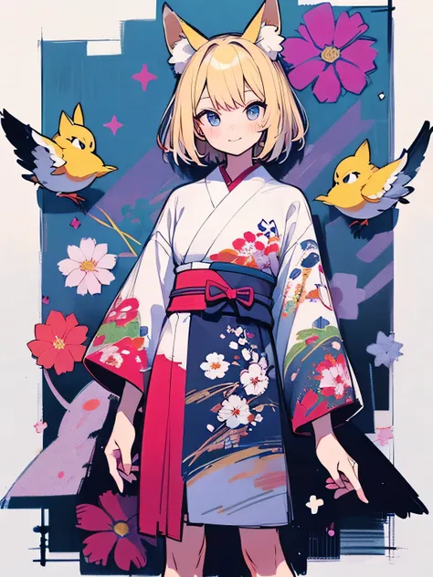 dutch angle,(looking at viewer),solo,(bluntbangs:1.2),cute face,blonde short hair,fox ear,(black purple color japanese flower design kimono),(ランダムなmodel pose),dainty,elegant,flowers,birds,wind and moon,(kaleidoscope),(manga style),(sketch),(illustration),