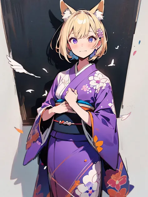 dutch angle,(looking at viewer),solo,(bluntbangs:1.2),cute face,blonde short hair,fox ear,(black purple color japanese flower design kimono),(ランダムなmodel pose),dainty,elegant,flowers,birds,wind and moon,(kaleidoscope),(manga style),(sketch),(illustration),