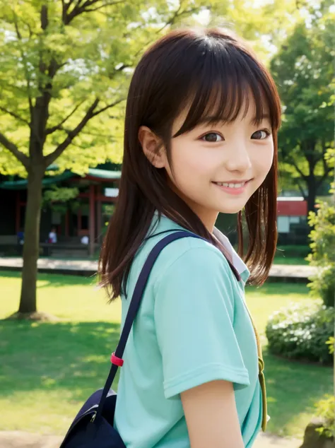 Japanese elementary school girl, casual clothes, smiling, green park, sparkling light