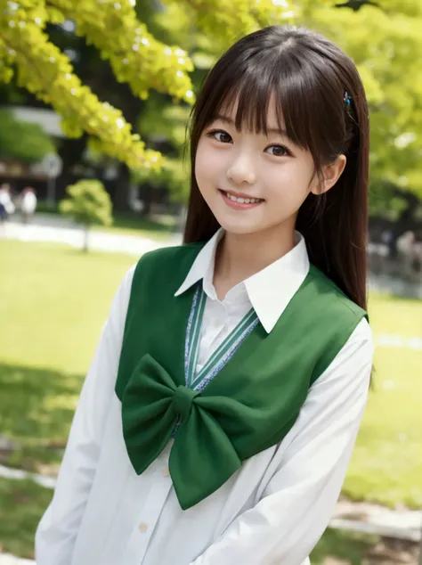 Japanese elementary school girl, casual clothes, smiling, green park, sparkling light