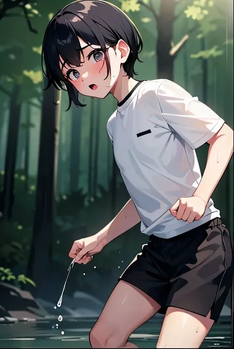 Small child male,White shirt,Black Shorts,sweat,Shortcuts,Black Hair,Embarrassing,Please open your mouth wide,Running Shoes,rain,forest,night,Down,Surprised,panic,shy,Embarrassing気持ち,Cowboy Shot,Swimming the River,