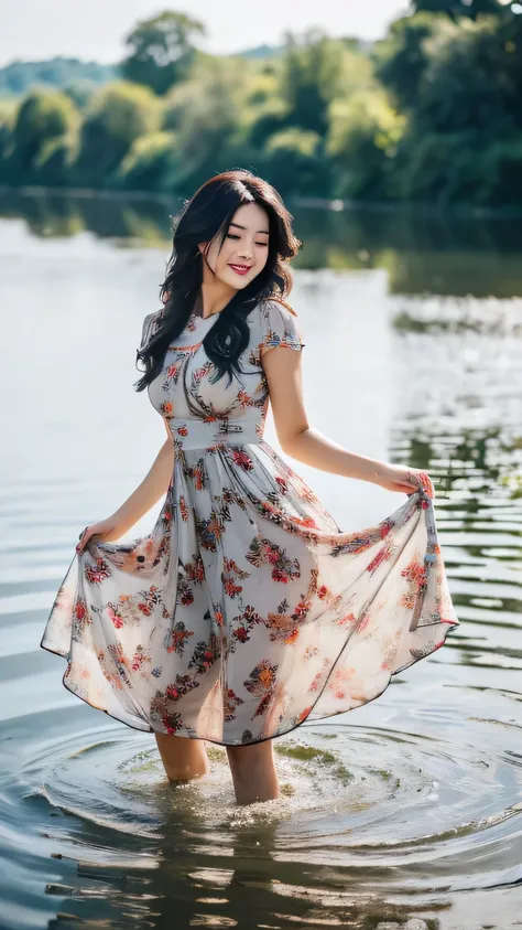 NSFW, HIGH QUALITY, 8K, DETAILED, (photorealism:1.2), beautiful woman, playing in a river water, looking at the camera, wearing tight floral midi dress, tight dress, malaysian womens dress, tighten dress, until knee dress, short sleeve, small breasts, suns...