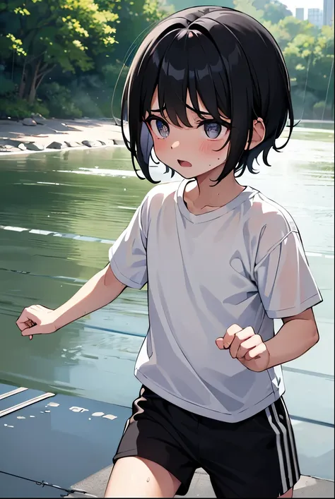 Small child male,White shirt,Black Shorts,sweat,Shortcuts,Black Hair,Embarrassing,Please open your mouth wide,Running Shoes,rain,forest,night,Down,Surprised,panic,shy,Embarrassing気持ち,Cowboy Shot,Swimming the River,