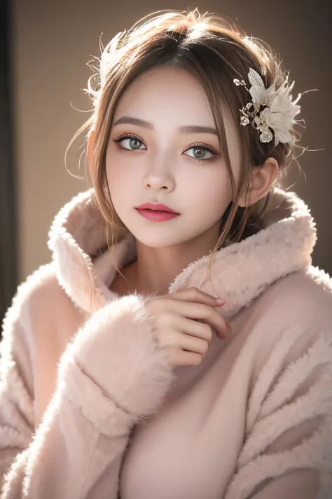 a beautiful woman wearing a fluffy and fuzzy pajama, detailed facial features, beautiful detailed eyes, beautiful detailed lips, extremely detailed face, long eyelashes, detailed texture of the pajama, soft and cozy, warm and comfortable, pastel colors, na...