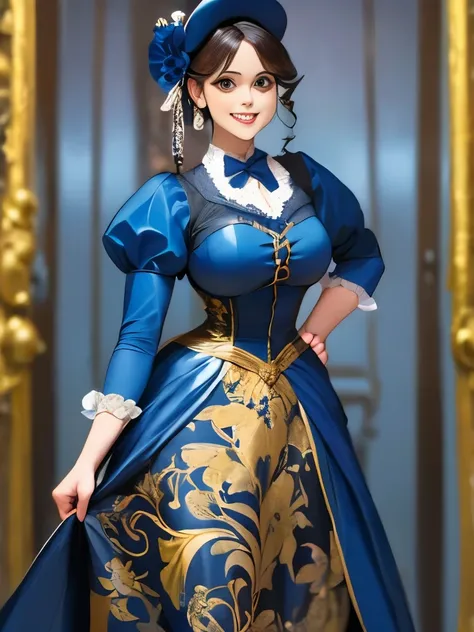 arafed woman in a blue dress and hat posing for a picture, historical baroque dress, gold brocaded dark blue clothes, high quality theatre costume, victorian style costume, victorian blue dress, regal dark blue clothes, dress in the style of rococo, victor...