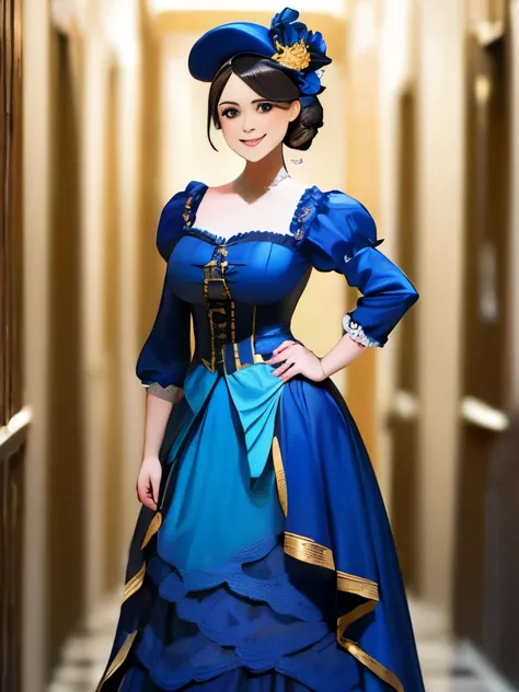 arafed woman in a blue dress and hat posing for a picture, historical baroque dress, gold brocaded dark blue clothes, high quality theatre costume, victorian style costume, victorian blue dress, regal dark blue clothes, dress in the style of rococo, victor...