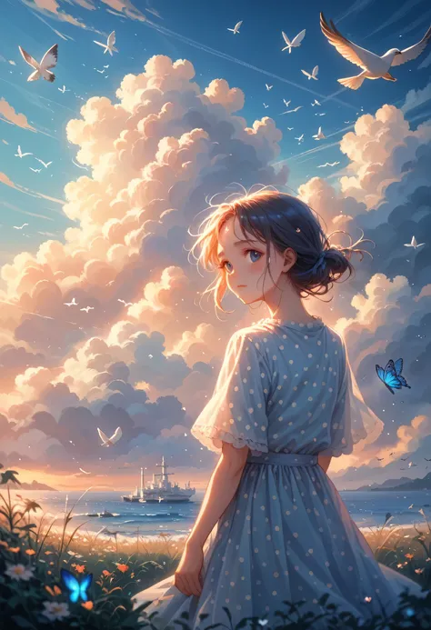 masterpiece, best quality, 1girl, bird, seagull, sky, cloud, polka_dot, blue_sky, solo, cloudy_sky, bug, butterfly, day, blush, flock, outdoors, Abigail,core_9, score_8_up, score_7_up, core_9, score_8_up, score_7_up, dramatic lighting, highly detailed, hig...