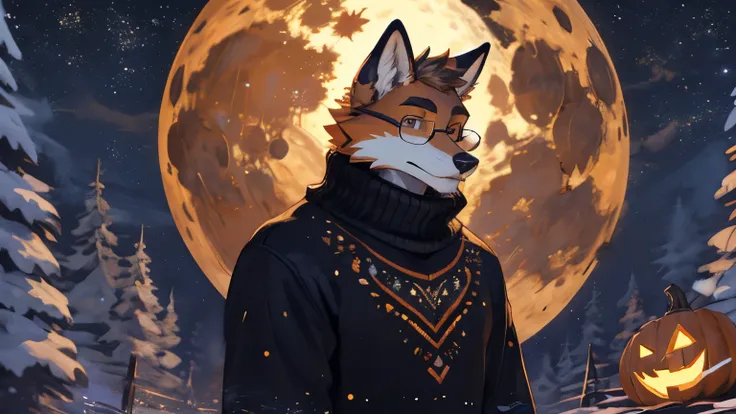 A tall 30-year-old anthropomorphic fox man, broad torso, with glasses, with a sweater, at midnight, looking at the observer, in an autumn forest, full moon, starry sky, with lots of Halloween decorations