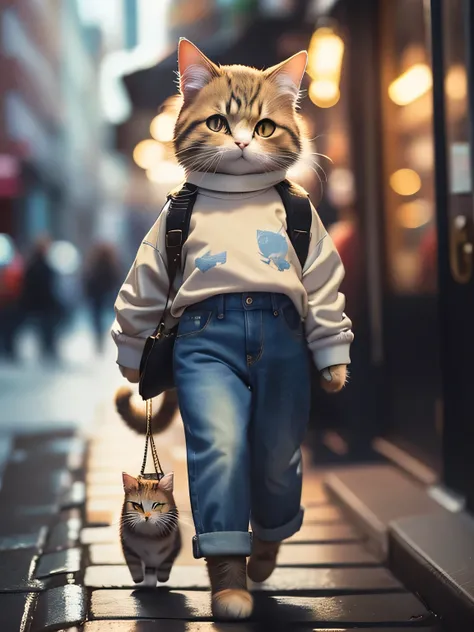 fluffy brown cat, highly detailed cat and fur, wearing blue jeans, roaming in New York street, highly detailed image, kodak 400, atmospheric light, 50mm lens, (detailed eyes and features of cat) realistic cat, 8k