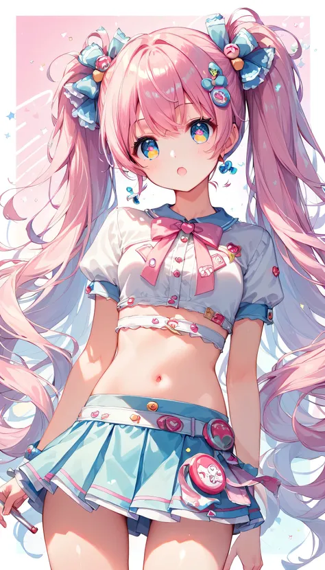 Score_9, Score_8_superior, Score_7_superior,sauce_anime, High-resolution images,masterpiece,Best Quality,girl,Cute face,Beautiful Skin,Shiny Hair,Highly detailed eyes,Pastel color background, Jojipan, mini skirt,Long twin tails、hair,ロングhair,