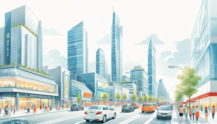City streets with traffic,Modern shopping street,Modern Architecture,Mainly line illustrations,Simplicity,Overlooking