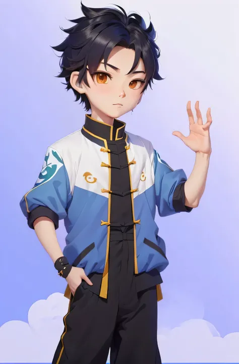 Cartoon style closeup of a person raising his hand, Upper body 2d game avatar, Inspired by Chen Daofu, anime style character, Inspired by Zou Yigui, Stylized anime, Lovely characters, Single character full body, Inspired by Chen Lu, A skin, Ruan cute vtube...